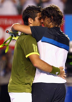 Fernando Verdasco congratulates Rafael Nadal after winning the semifinal match